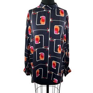 ZARA Navy Blue Orange Geometric Printed Long Sleeve Pullover Blouse Top Size L